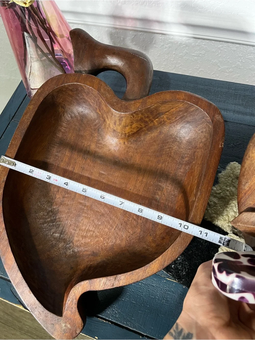 Vintage Hand-Carved Wooden Apple 🍎 Bowl with Sword 🗡️